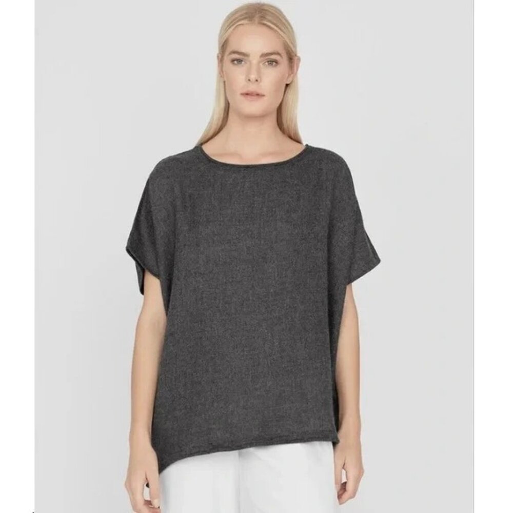 Cuyana Oversized Baby Alpaca Sweater Wool Short Sleeve Charcoal Gray Size S/M